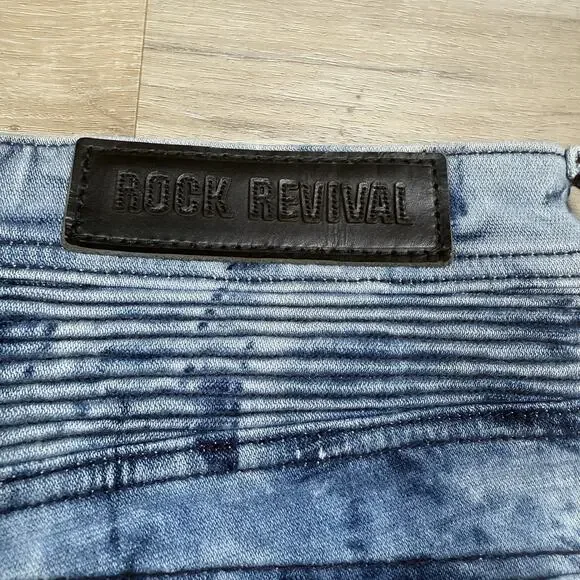 NEW Rock Revival Moto EAN Men's Jeans Acid Wash Blue Zippers 32x33 Stretch